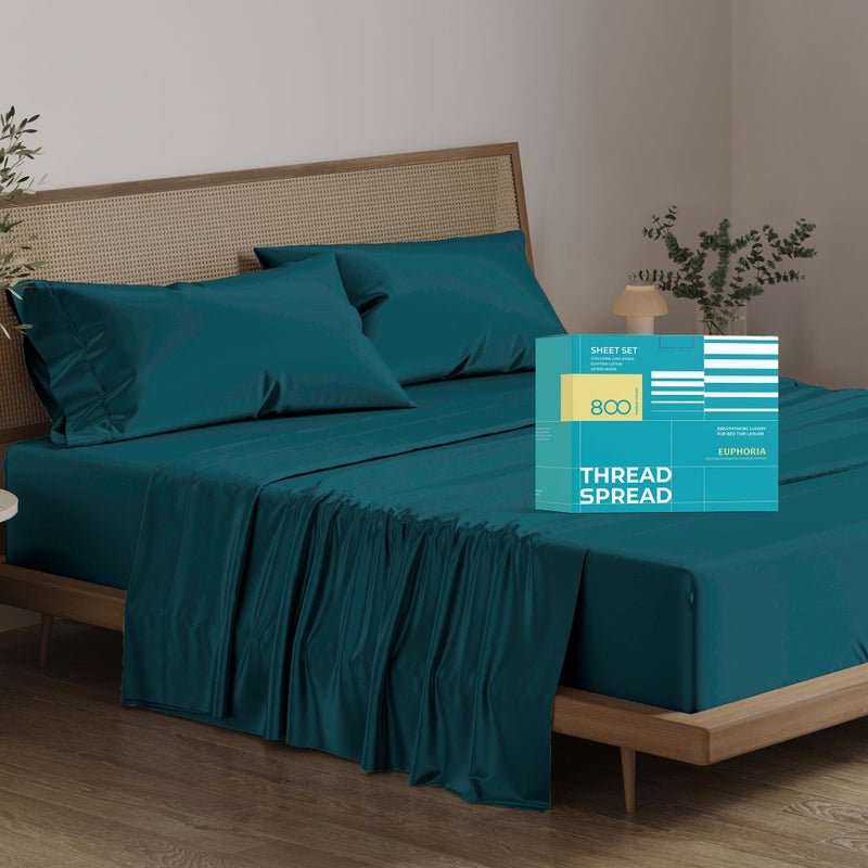 THREAD SPREAD 100% Egyptian Cotton Sheets Queen Size Bed Set - 4 PC 800 High Thread Count Egyptian Cotton Queen Sheet Set (Teal), Soft, Cooling, 16" Deep Pocket Sateen Weave Luxury Hotel Bedsheet - Image 1